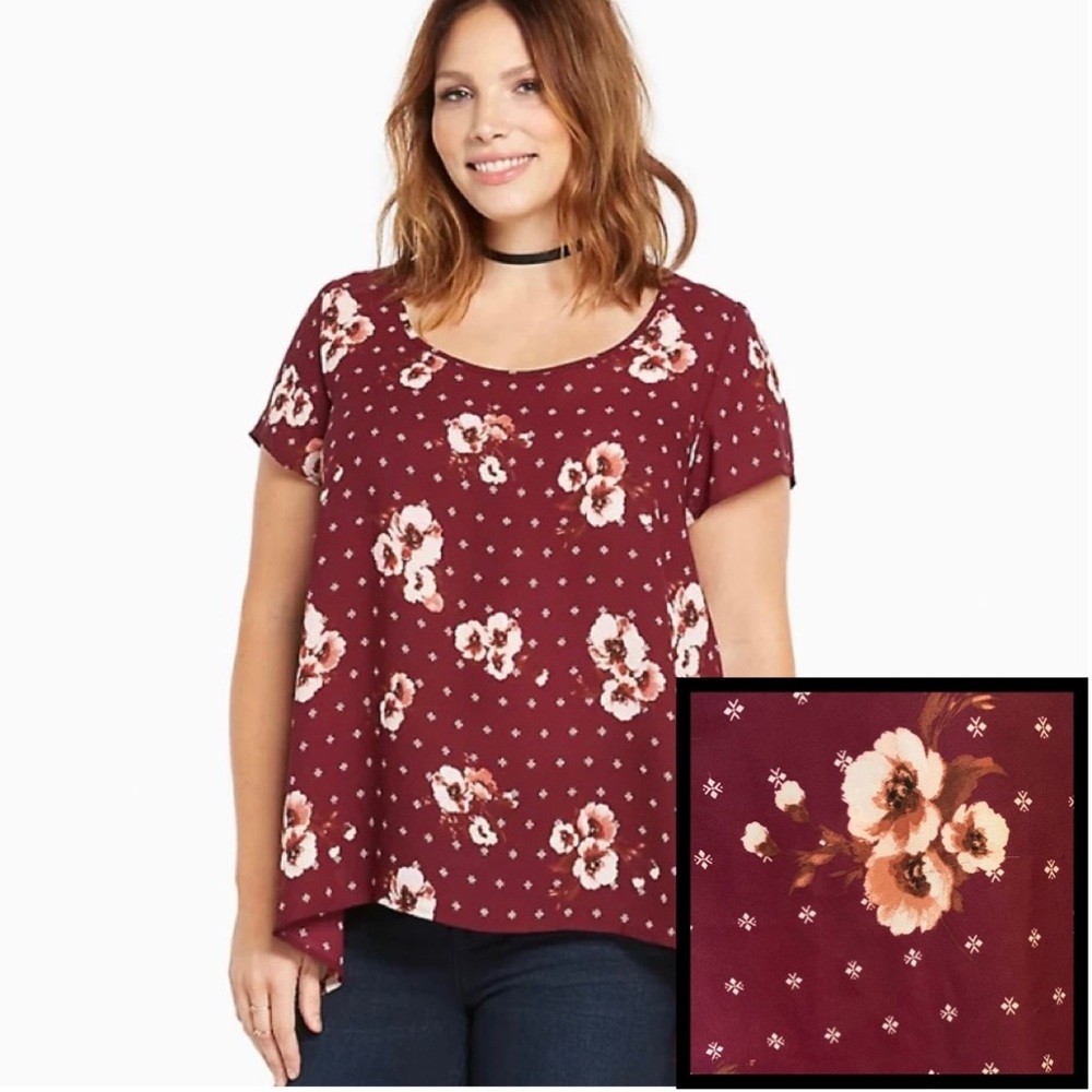 Torrid Floral Print Chiffon Top in Floral Burgundy - 5X